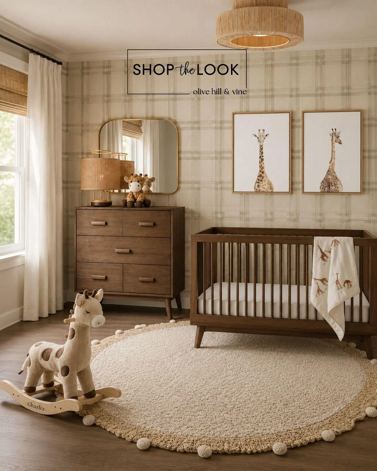 Warm wood tones, soft plaid walls, and charming giraffe accents come together in a nursery that's playful yet timeless. Layered neutrals, cozy textures, and safari-inspired details give this space a warm, collected feel that's ready to grow with baby