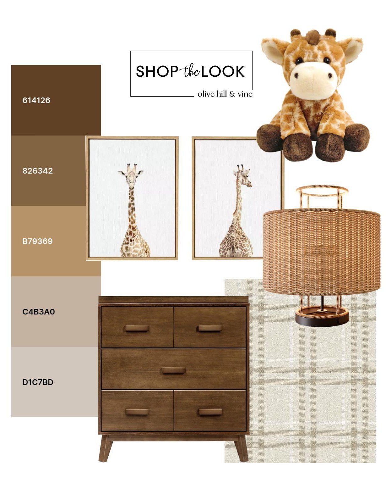 We're pulling together pieces in a warm, earthy palette for a giraffe-themed nursery that's equal parts playful and polished. Rich wood tones, soft plaids, safari-inspired art, and cozy textures come together for a sweet space with timeless appeal. ?