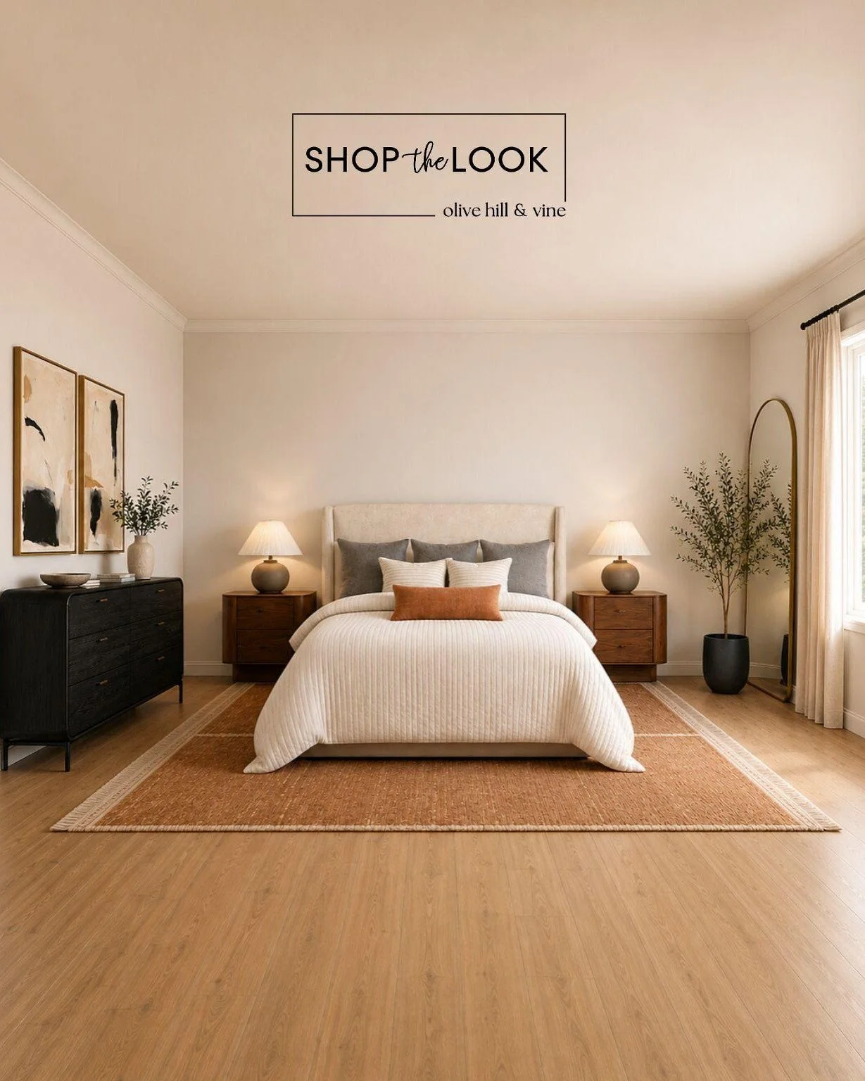 Warm wood tones, layered neutrals, and organic textures come together for a bedroom that feels effortlessly inviting. From the rich walnut furnishings to the soft bedding and earthy accents, every detail is curated for comfort, balance, and timeless 
