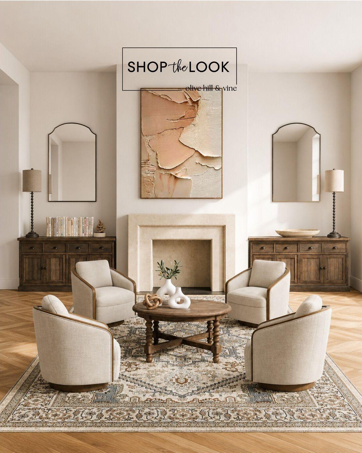 Layered neutrals, warm wood tones, and soft curves give this living room a collected feel that&rsquo;s equal parts relaxed and refined. We&rsquo;re loving the mix of textured fabrics, earthy accents, and timeless pieces that make the space feel effor