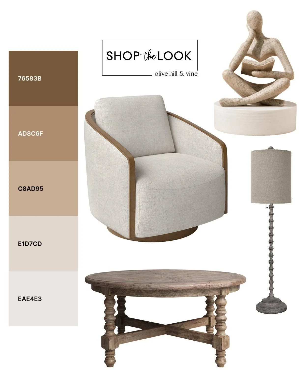 We&rsquo;re leaning into a neutral monochromatic palette to pull together this living room mood board, layering warm taupes, creamy textures, and rustic wood finishes. The mix of soft curves and earthy accents gives the overall look a relaxed, timele
