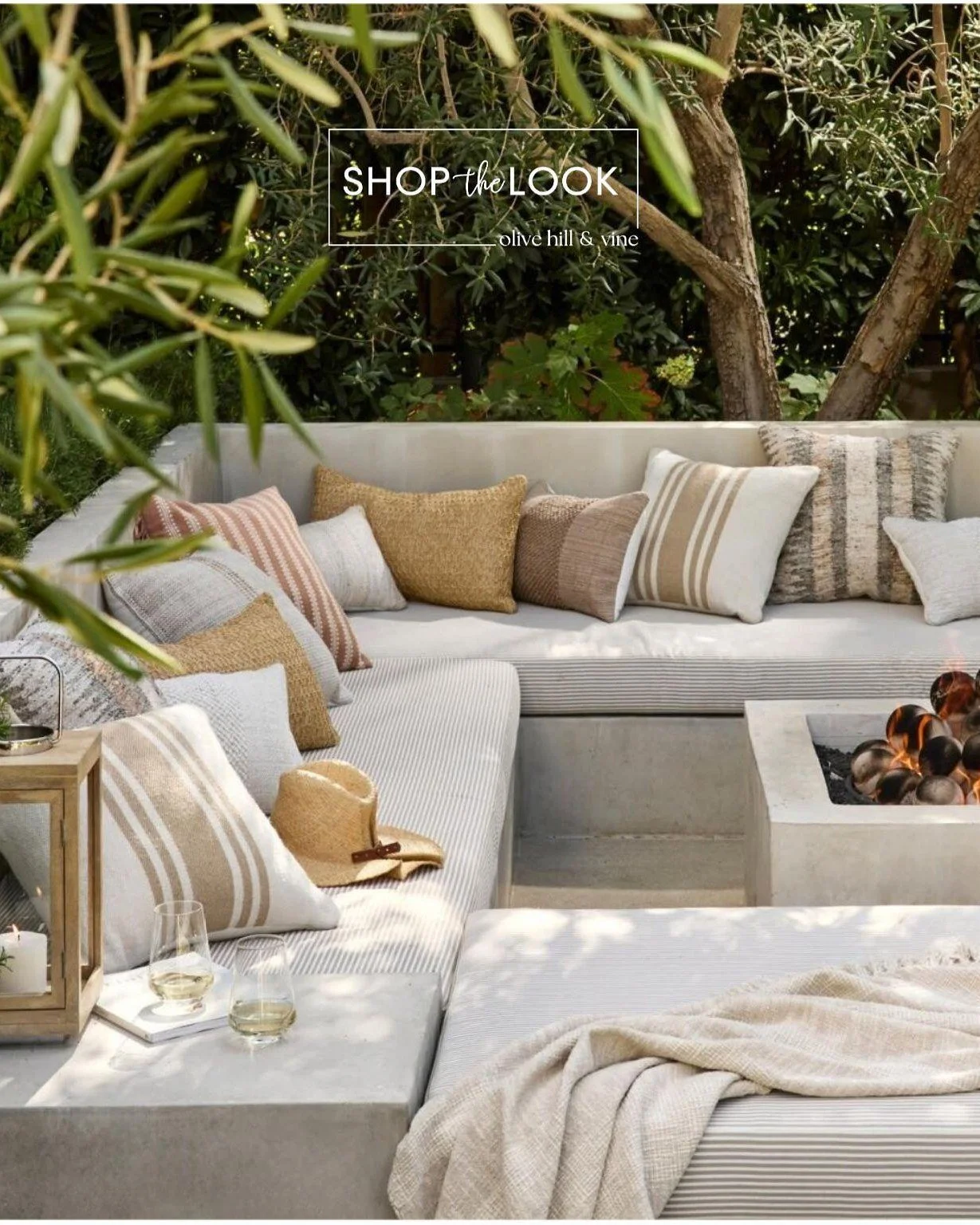 Sun-drenched neutrals and layered textures set the tone for this outdoor retreat. Built-in seating, soft stripes, and a sculptural fire feature make it feel relaxed yet refined&mdash;perfect for slow mornings and evenings that linger.

#LTKHome #ltkh
