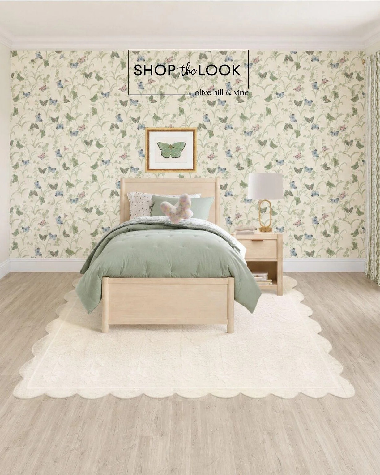 Soft green layers meet delicate butterfly wallpaper for a space that feels light, fresh, and quietly magical. Warm wood tones and a scalloped rug ground the room, while subtle accents keep it sweet, airy, and effortlessly pulled together.

#LTKHome #