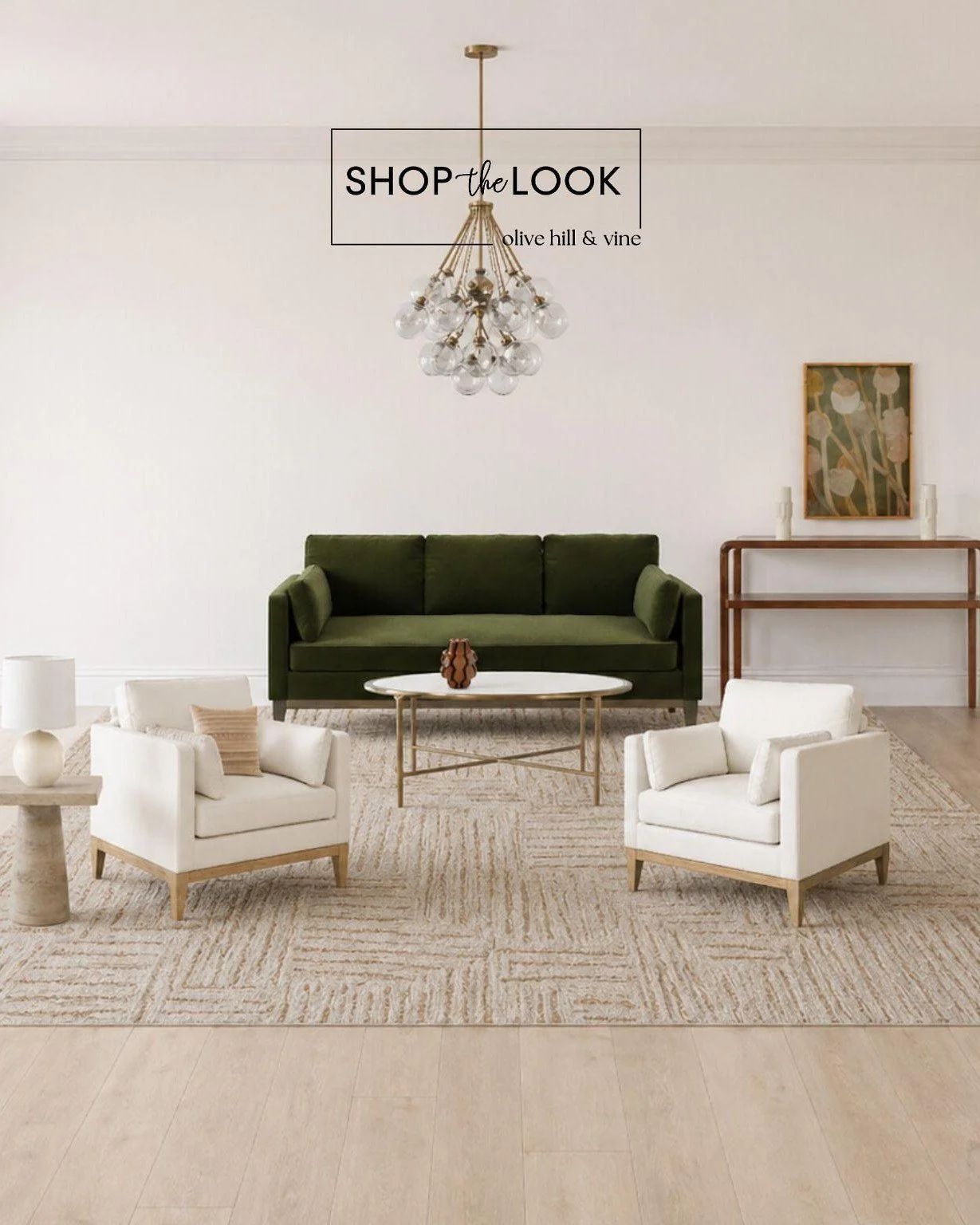 That deep green sofa anchors the room in the best way, layered with warm wood, soft neutrals, and sculptural accents. We love how this one came together&mdash;clean, balanced, and effortlessly elevated without trying too hard. 

Follow us + comment &
