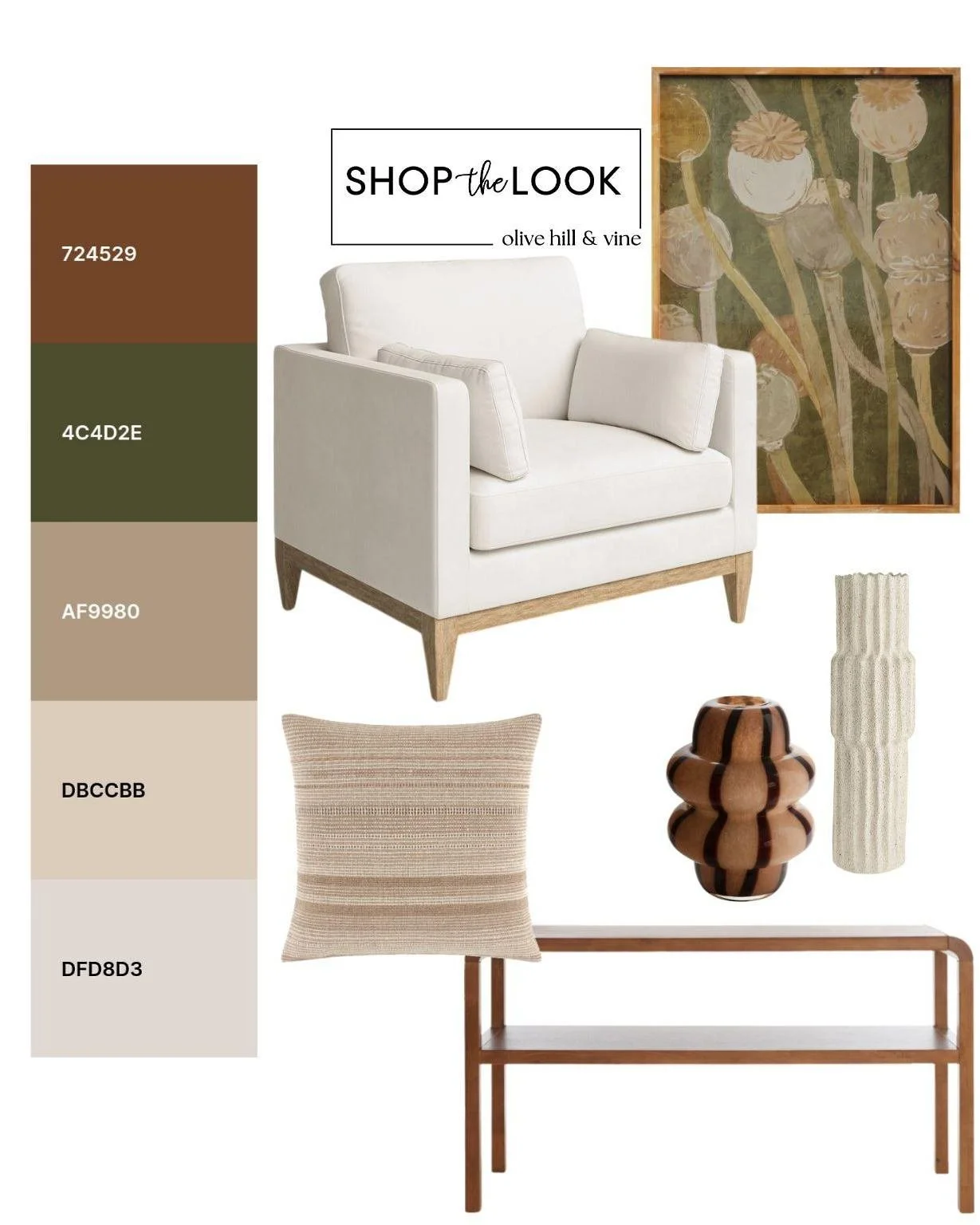Rich brown and deep green ground this space, layered with soft neutrals for balance. Clean-lined seating, warm wood, and sculptural accents keep it polished yet relaxed&mdash;pulling these pieces together for the full rendered room tomorrow. 

Follow