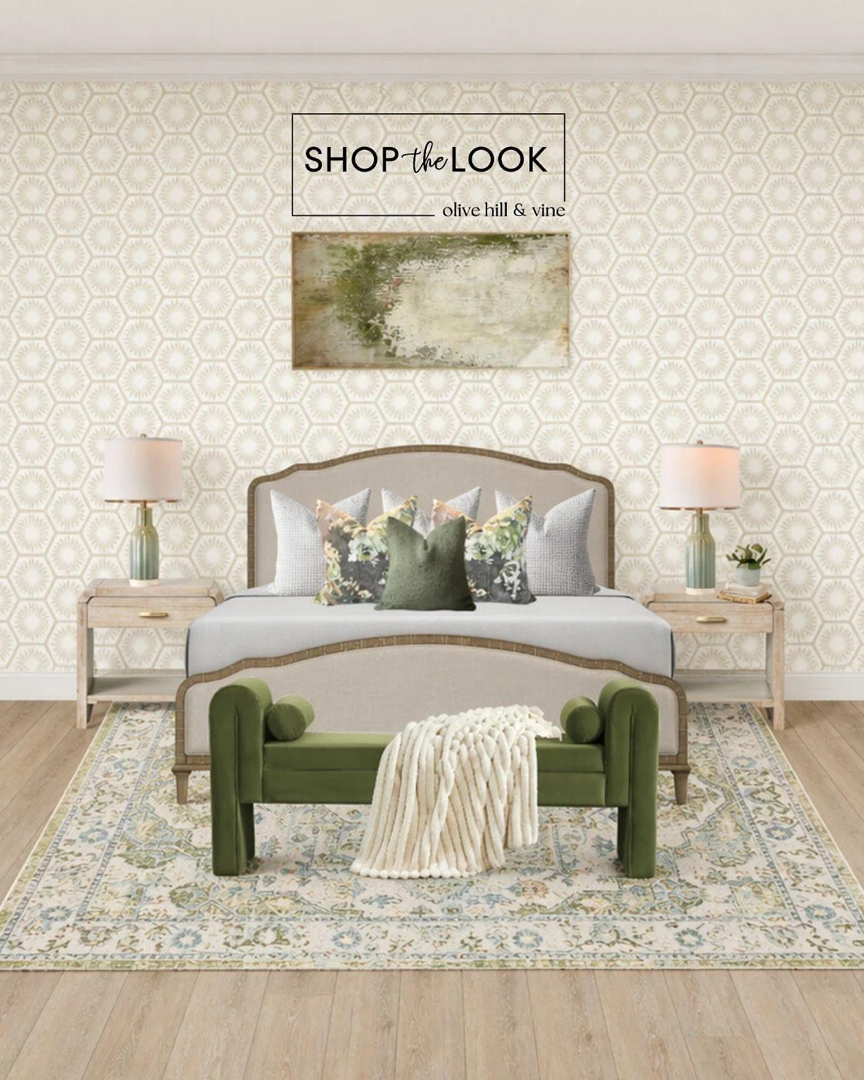 This is the kind of green we keep coming back to. The upholstered bench, layered pillows, and soft patterned rug ground the space, while that geometric wallpaper adds just enough interest. It all lands calm, polished, and quietly elevated. 

Follow u