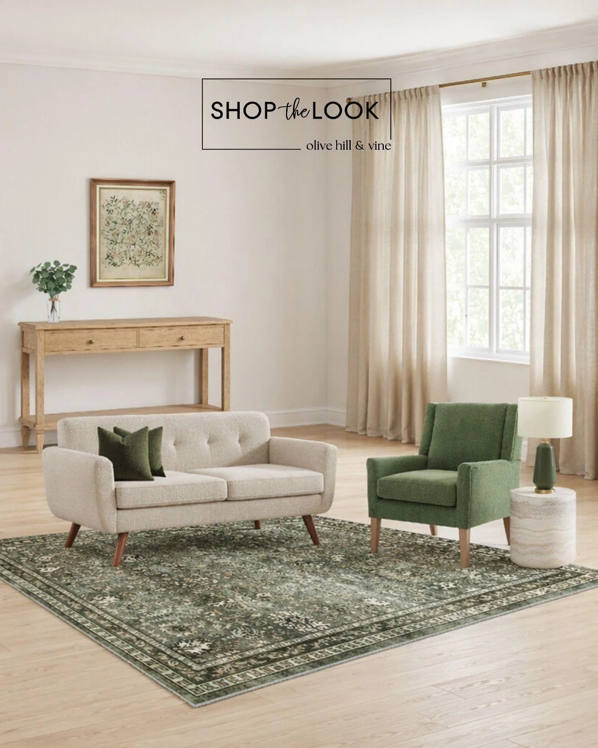 We&rsquo;re loving how this space came together&mdash;soft neutrals layered with rich green accents, a cozy textured sofa, and that marble side table moment. The botanical art and warm wood tones keep it feeling fresh, calm, and effortlessly pulled t