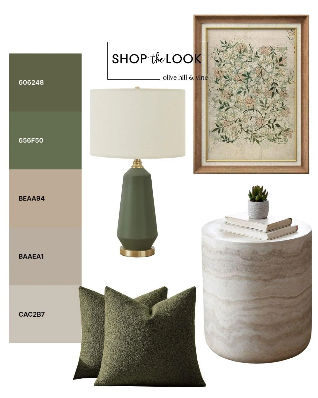 We&rsquo;re loving this layered green palette&mdash;botanical artwork adds a soft focal point, paired with a marble side table, boucle pillows, and a rich green table lamp. Pulling more pieces to bring this look to life in the final render. 

Follow 