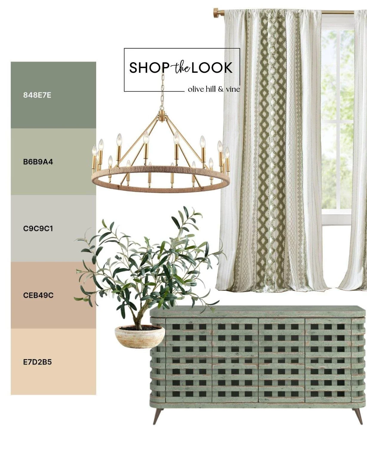 Sage green sets the tone in this fresh dining mood board&mdash;layered with warm wood, soft neutrals, and subtle texture. From the woven cabinet to patterned drapery, every piece feels relaxed, refined, and effortlessly pulled together. 

Follow us +