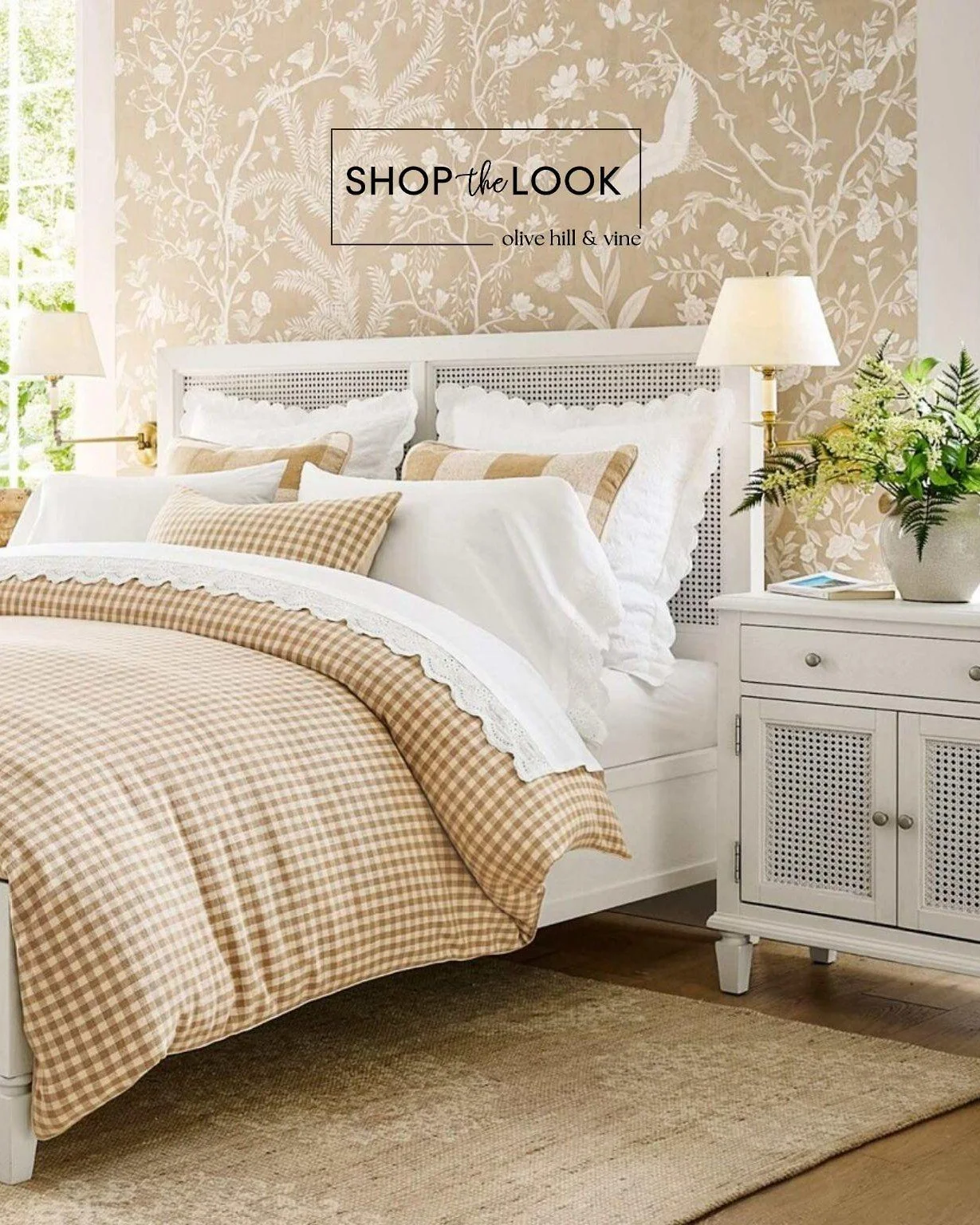 Soft gingham, woven cane, botanical wallpaper, and layered neutrals make this bedroom feel fresh, timeless, and inviting. Every detail works together to create a light-filled retreat that's equal parts relaxed and refined.

Follow us + comment &ldquo