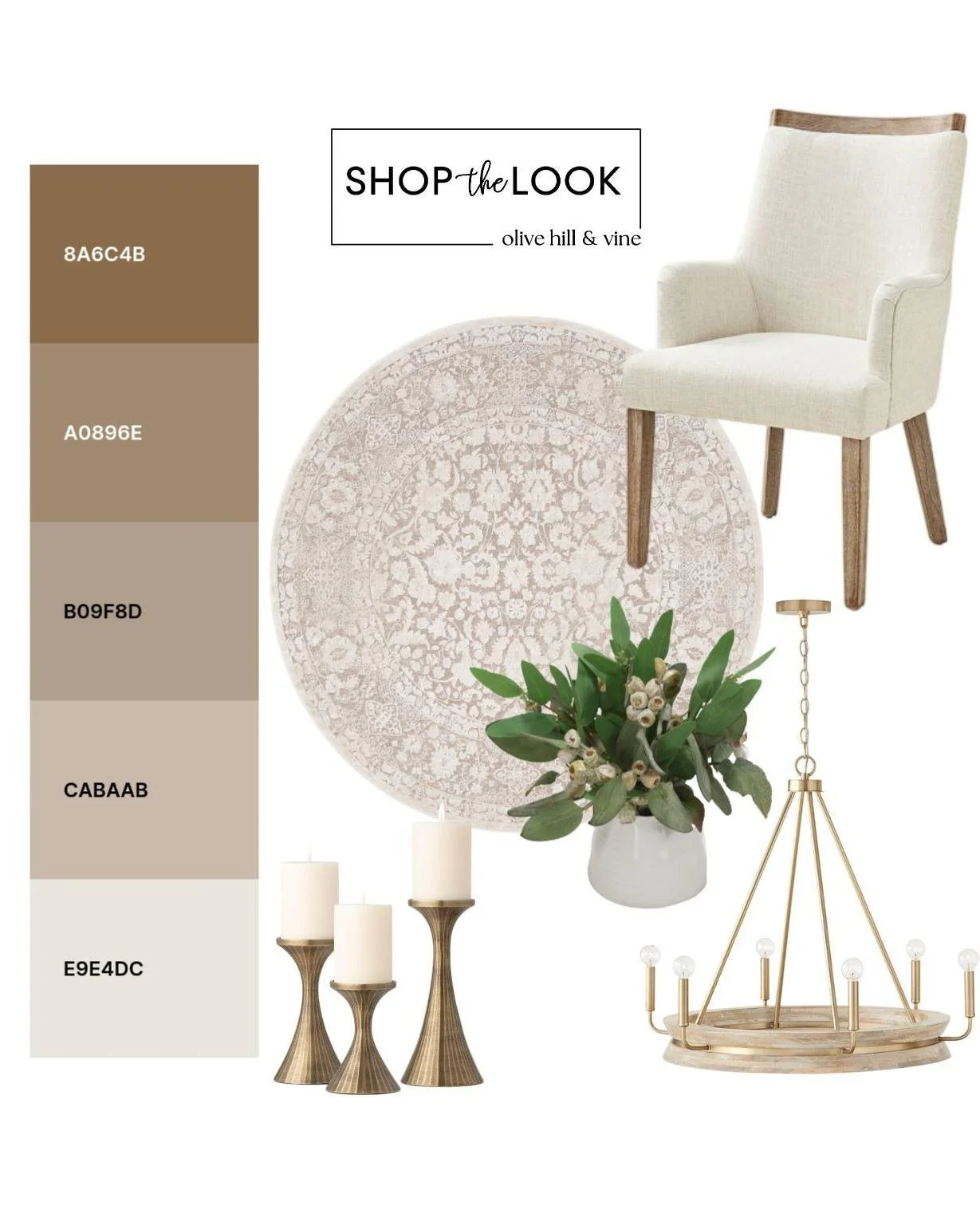 Grounded in warm woods, soft linen textures, and timeless brass accents, this neutral dining room layers inviting pieces into a look that feels effortlessly elevated. A curated palette of creamy beiges and earthy taupes keeps the space warm, relaxed,