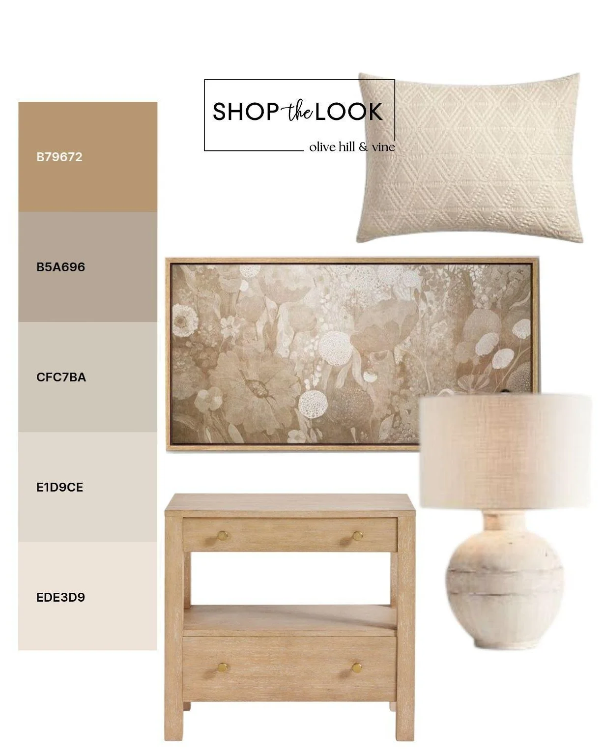 A soft, tonal palette sets the direction for this serene bedroom mood board. Warm wood, creamy texture, sculptural lighting, and oversized floral artwork come together for a look that feels collected, calming, and quietly elevated.

#LTKHome #bedroom