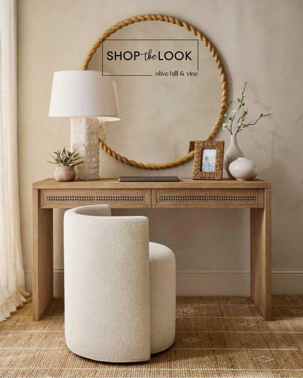 Warm wood tones, woven textures, and soft ivory upholstery come together in a refined workspace that feels both inviting and elevated. Whether styled as a vanity or a hallway desk, this design brings effortless sophistication to everyday living.

#LT