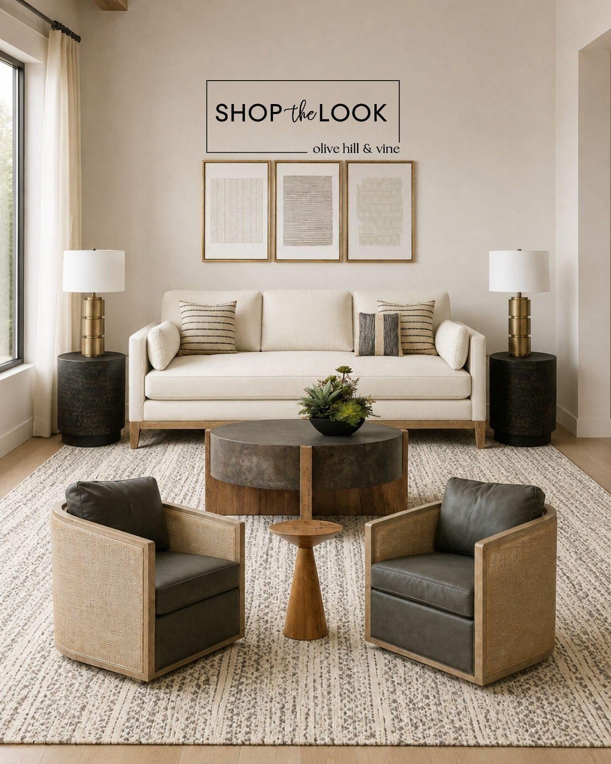 The mixed-material coffee table serves as the focal point of this living room, bringing together natural wood and clean lines. Surrounded by woven seating, soft neutrals, and subtle brass accents, the result is a space that feels collected, timeless,