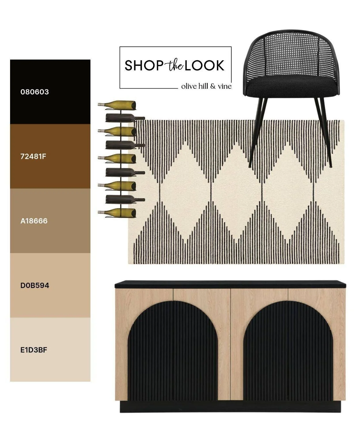 A study in modern contrast and natural warmth. Sculptural black accents pair with warm wood tones, woven texture and a bold geometric pattern, creating a collected palette that feels sophisticated, fresh and effortlessly stylish.

Follow us + comment