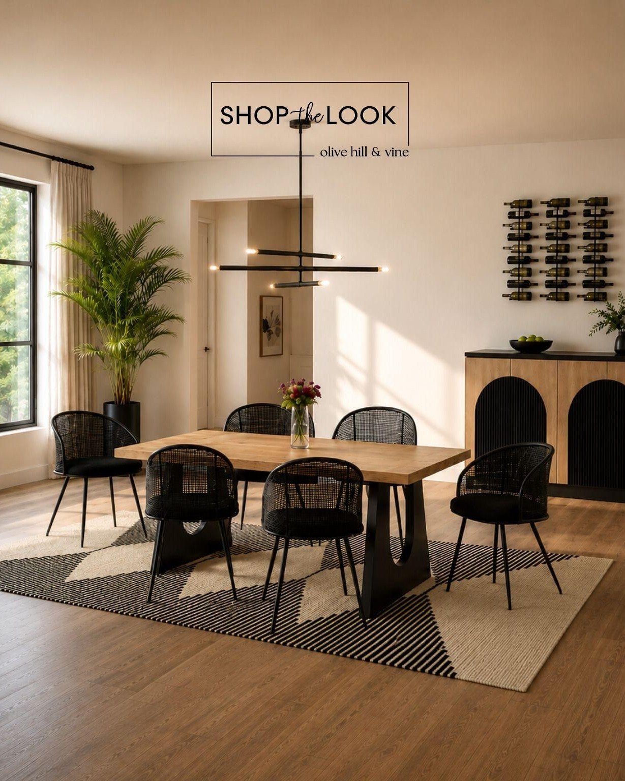 Warm wood tones, bold black accents and graphic pattern come together in a beautifully balanced space. Sculptural details, natural textures and modern lines give the finished room a polished, collected feel with plenty of personality.

Follow us + co