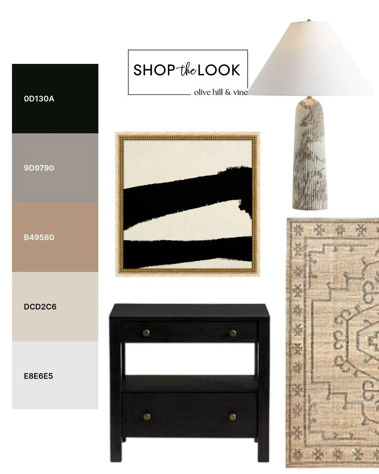 A bedroom palette with a sophisticated edge. Deep black accents ground warm taupe and soft neutrals, while vintage-inspired pattern, sculptural lighting, and bold abstract art bring character to the mix. Timeless, tailored, and beautifully layered.

