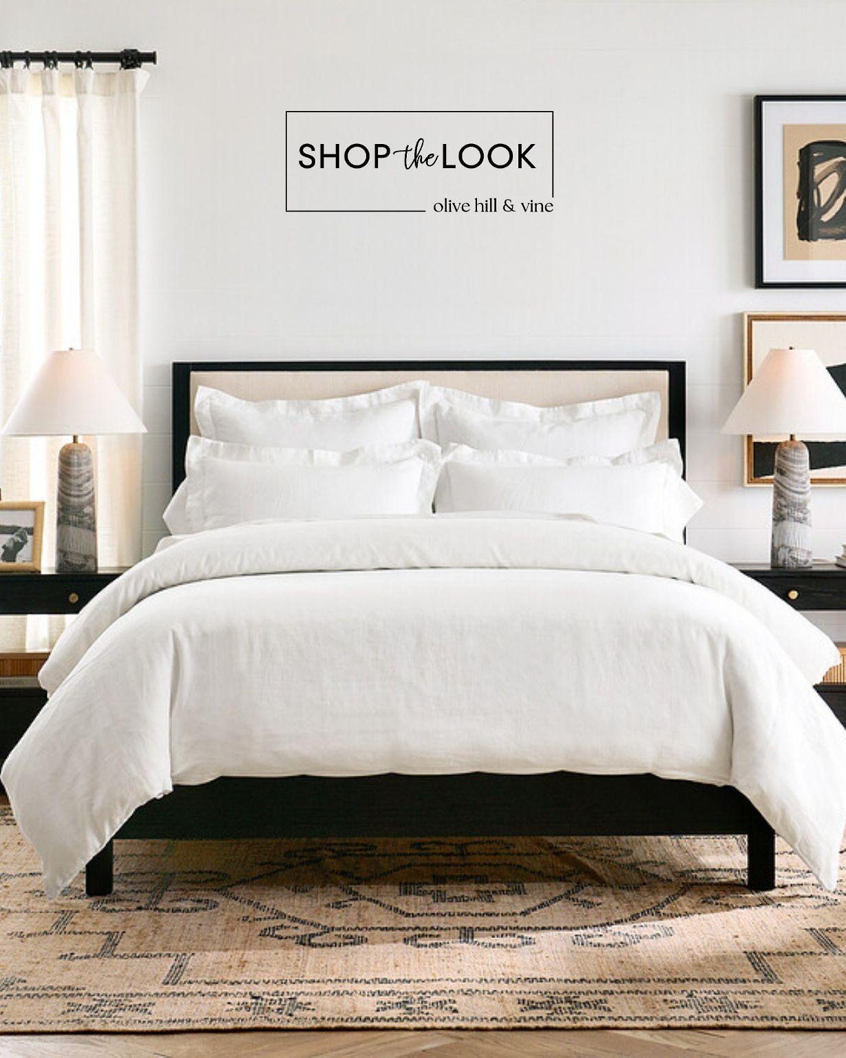 Soft neutrals meet bold black accents in a bedroom that feels polished, collected, and effortlessly inviting. Crisp white bedding, vintage-inspired pattern, sculptural lighting, and layered artwork bring this sophisticated palette beautifully to life