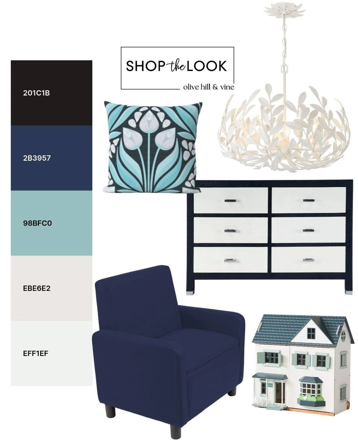 A playful nursery palette gets a polished twist with deep navy, soft aqua, crisp white, and bold botanical details. Whimsical accents add just the right amount of charm for a room that feels sweet, stylish, and full of personality.

Follow us + comme