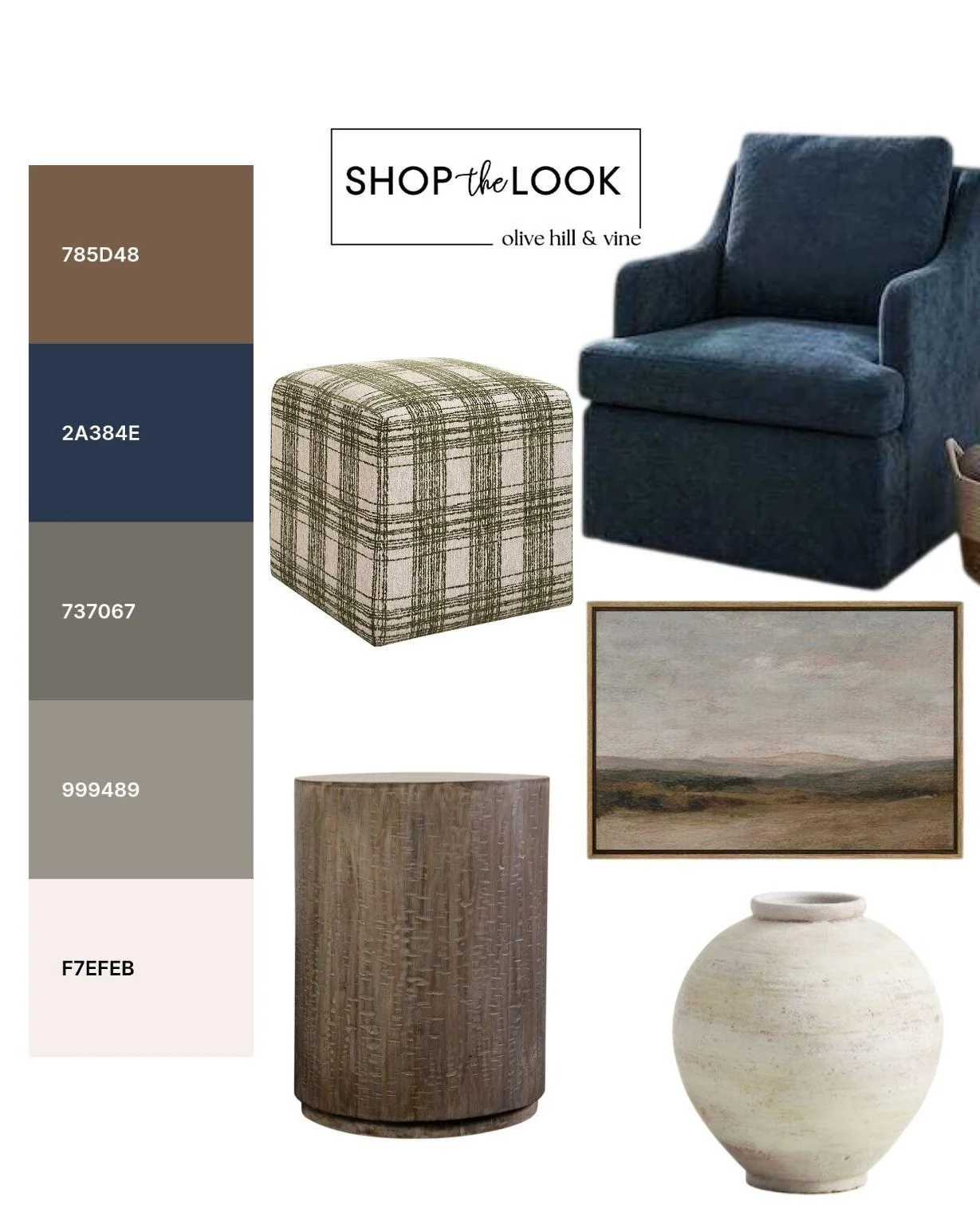 Rich navy, earthy olive, and warm neutrals come together in a timeless living room palette. Layered textures, classic plaid, natural wood, and soft ivory create a space that feels polished, comfortable, and effortlessly inviting.

Follow us + comment