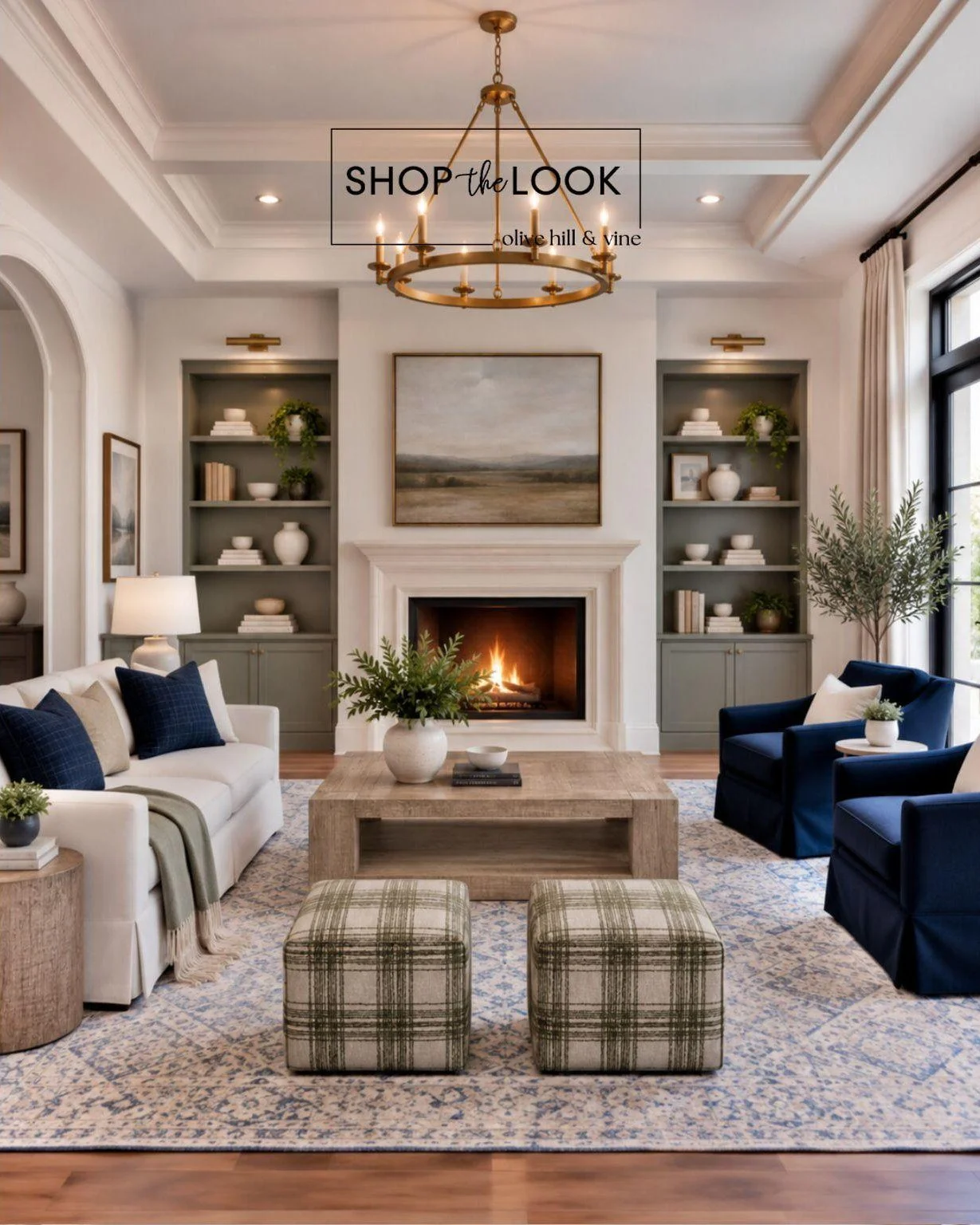 Rich navy, soft sage, and warm ivory create a living room that feels both polished and comfortable. Classic plaid, natural wood, and layered textures bring warmth and character to this timeless gathering space.

Follow us + comment &ldquo;SHOP&rdquo;