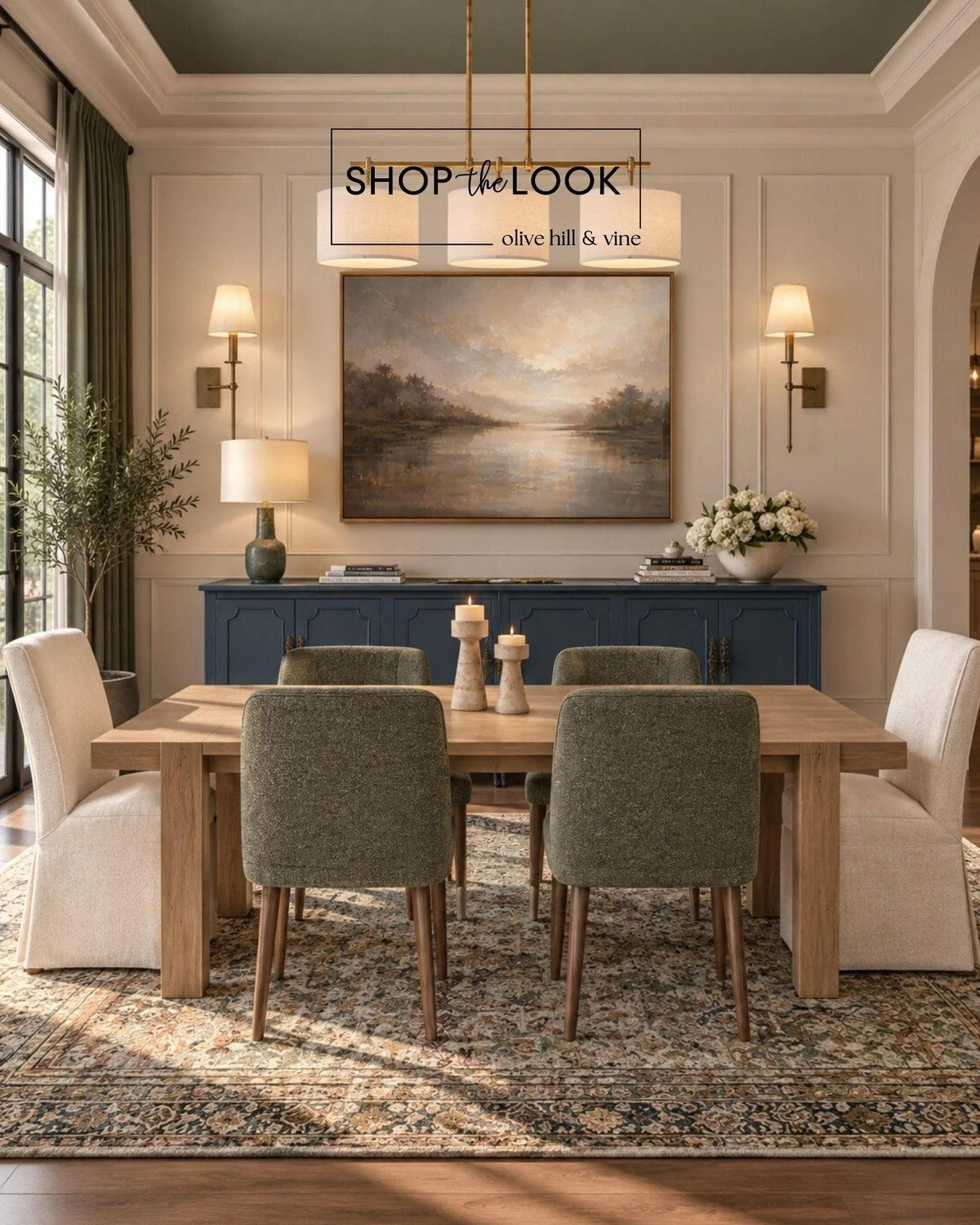 Rich navy, earthy olive, and warm wood tones come together in a dining room that feels both timeless and inviting. Layered lighting, classic details, and soft textures create an elegant space designed for gathering.

Follow us + comment &ldquo;SHOP&r