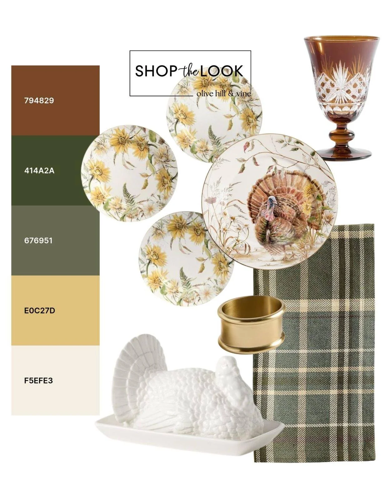 Bring warmth and charm to your Thanksgiving table with a curated mix of autumn florals, rich olive plaid, warm amber glass, and classic turkey accents. A welcoming place setting made for gathering and giving thanks. 

Follow us + comment &ldquo;SHOP&