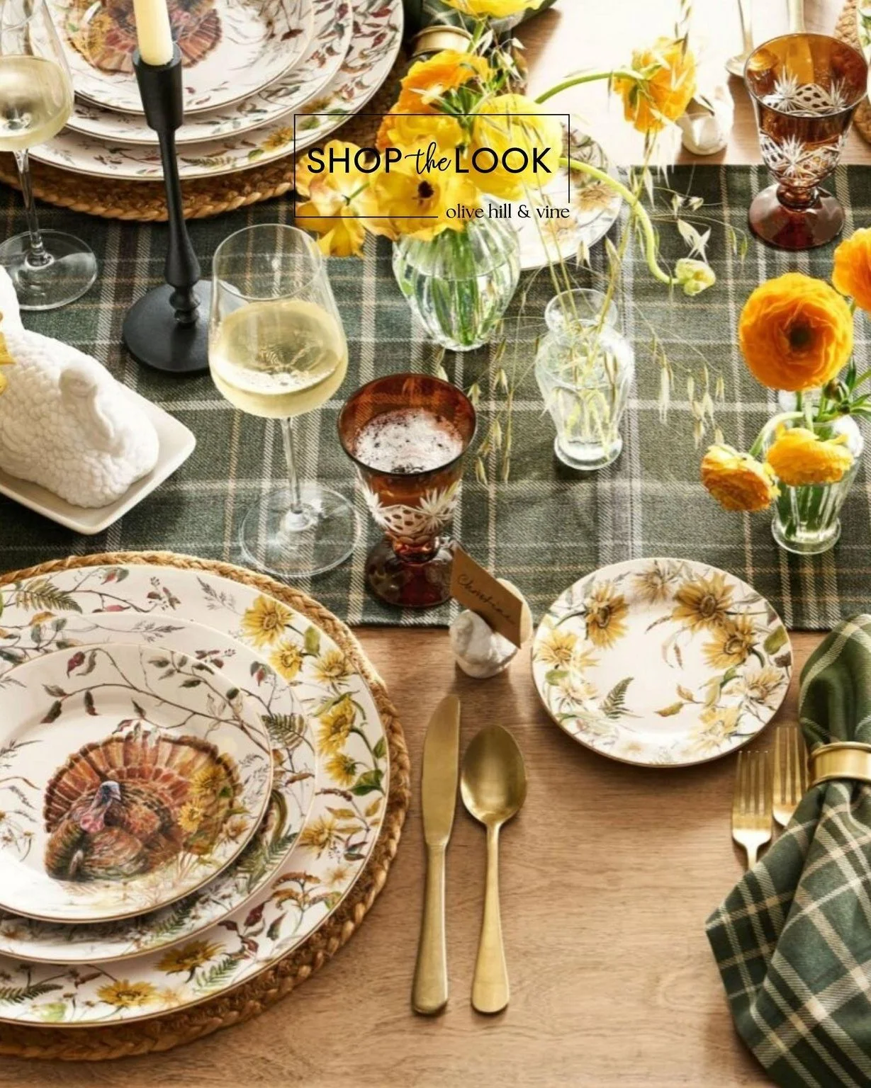 Set a beautiful Thanksgiving table with charming turkey dinnerware, rich olive plaid linens, amber glassware, and golden accents. Fresh florals and natural textures bring warmth and elegance to a festive setting made for gathering. 

Follow us + comm
