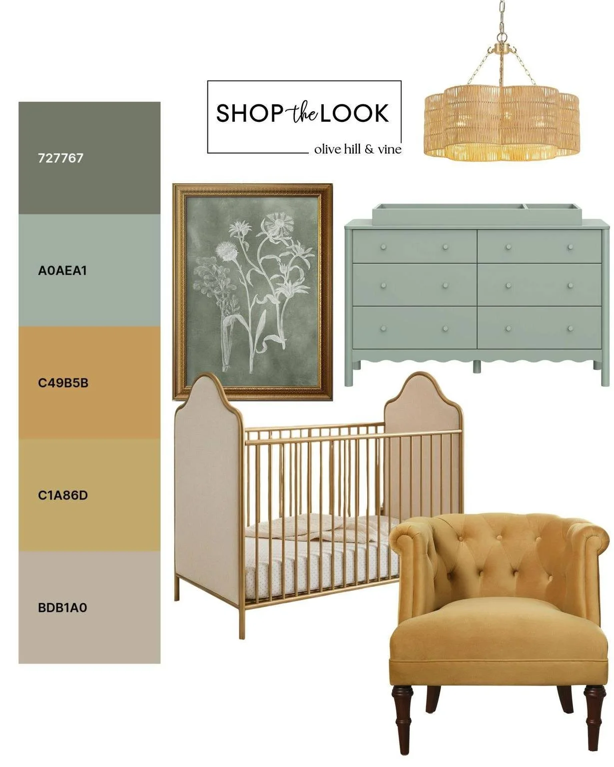 Soft sage greens, warm golden hues, and timeless details create a nursery full of charm. From the scalloped dresser to the elegant crib and cozy tufted chair, this curated design blends vintage character with modern sophistication. 

Follow us + comm
