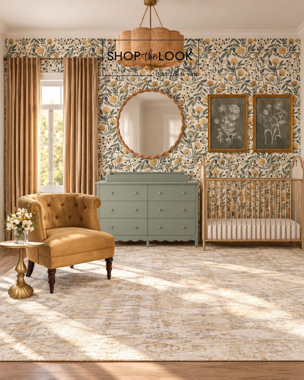 A timeless nursery where vintage charm meets modern elegance. Soft sage greens, botanical wallpaper, warm wood tones, and golden accents create a cozy, sophisticated retreat filled with thoughtful details and natural beauty. 

Follow us + comment &ld