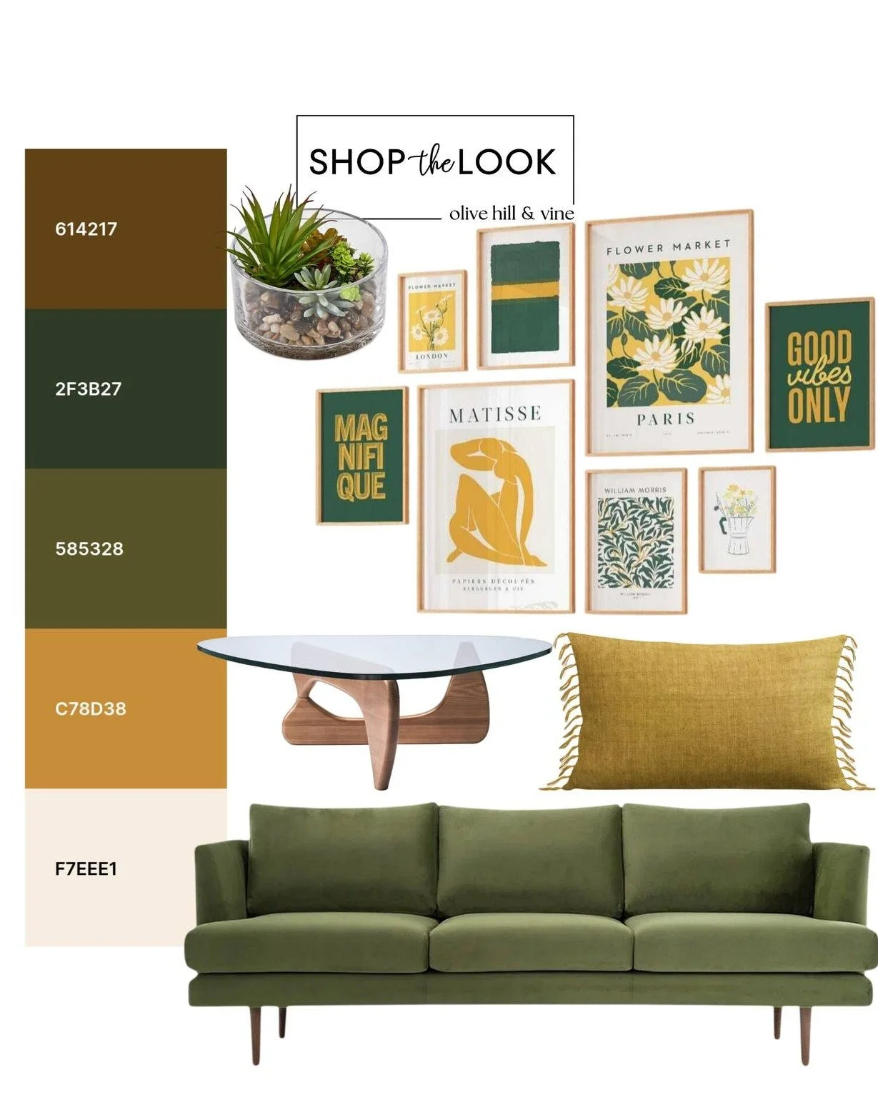 Earthy greens, golden mustard tones, and warm neutrals set the mood for a fresh, inviting living room. From the olive sofa to playful artwork and sculptural accents, this curated look blends modern style with cozy charm. 

Follow us + comment &ldquo;