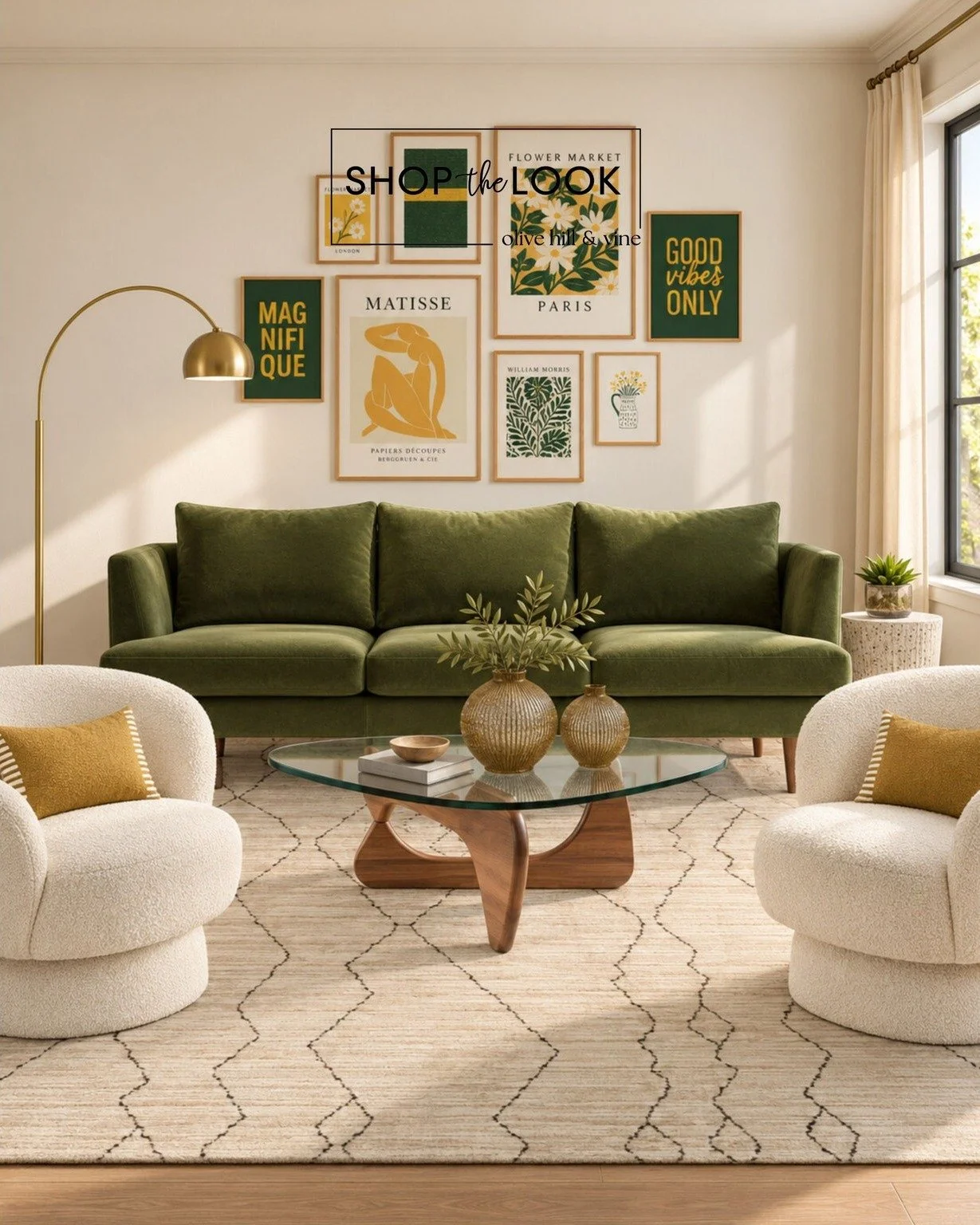 Rich olive green, warm mustard accents, and soft ivory textures bring this inviting living room to life. Sculptural furniture, a curated gallery wall, and natural light create a stylish space with a fresh, modern feel.

Follow us + comment &ldquo;SHO