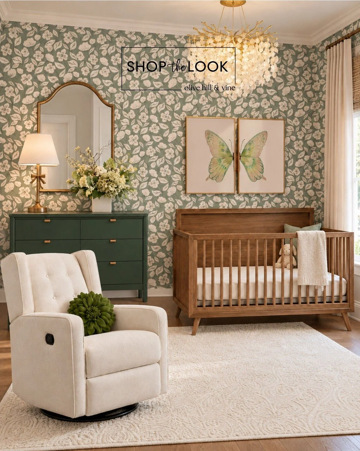 Sweet dreams start here! 🦋 From the playful floral wallpaper to the rich wood crib and deep green dresser, every detail brings personality and timeless charm to this beautifully layered nursery. 

Follow us + comment &ldquo;SHOP&rdquo; to make sure 
