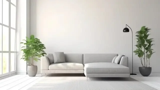 Clean grey sofa in a bright white room