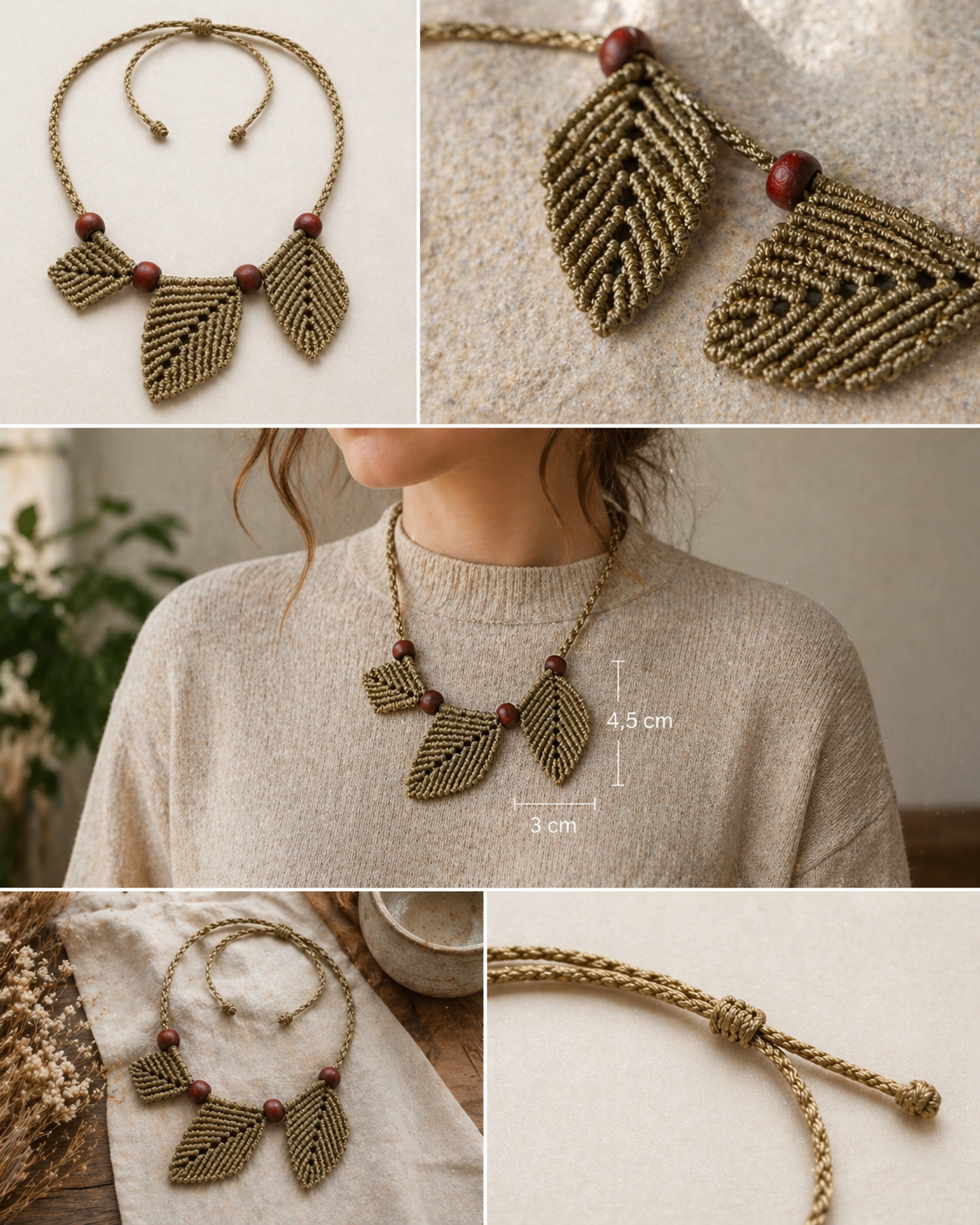 Eine ausgefallene Halskette mit goldfarbenen Blättern und roten Perlen.