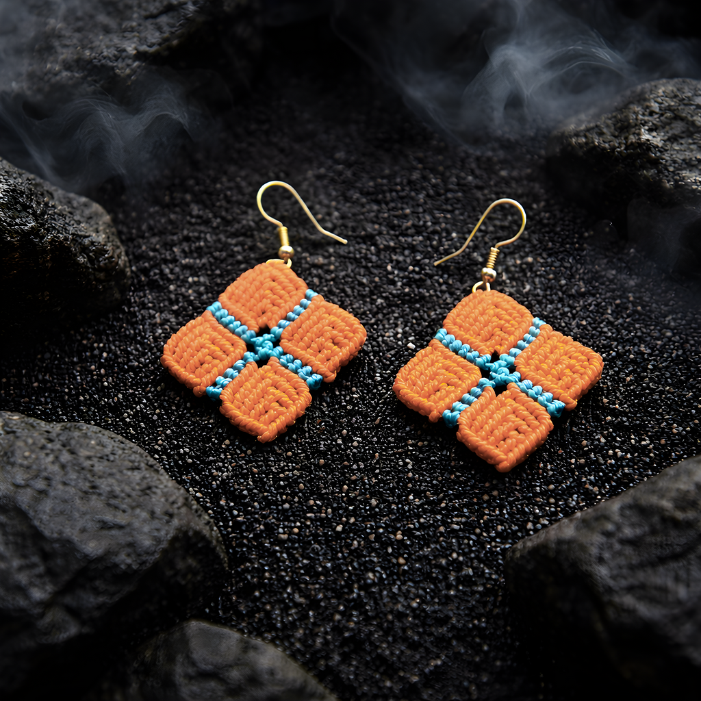 Makramee-Ohrringe Geometrie in Orange – handgefertigt mit türkisen Akzenten