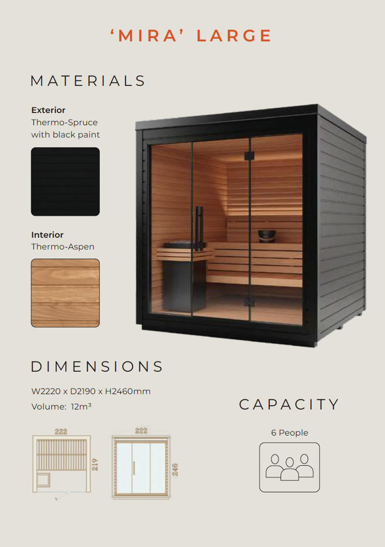 Information poster for 'Mira' Large sauna, showing exterior made of black thermo-spruce with black paint, interior of thermo-aspen, dimensions of 2220mm by 2190mm by 2460mm, volume of 12 cubic meters, capable of fitting 6 people.