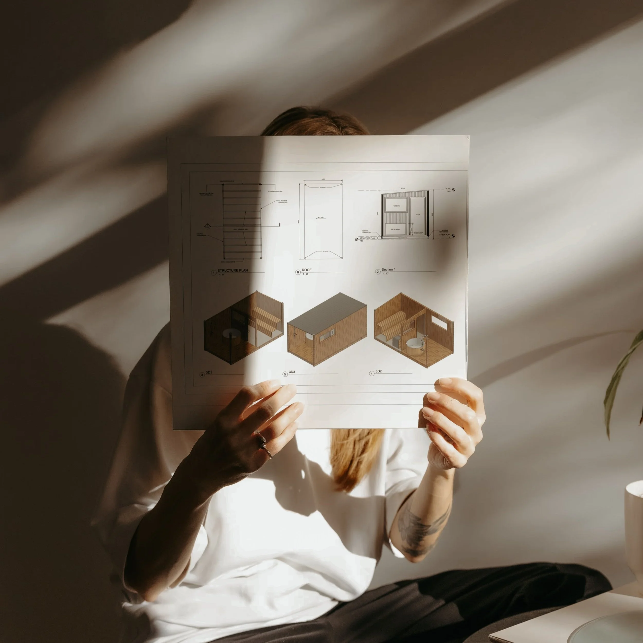 Person holding architectural plans with 3D models, sunlight casting shadows, indoor plant, white wall, casual setting.