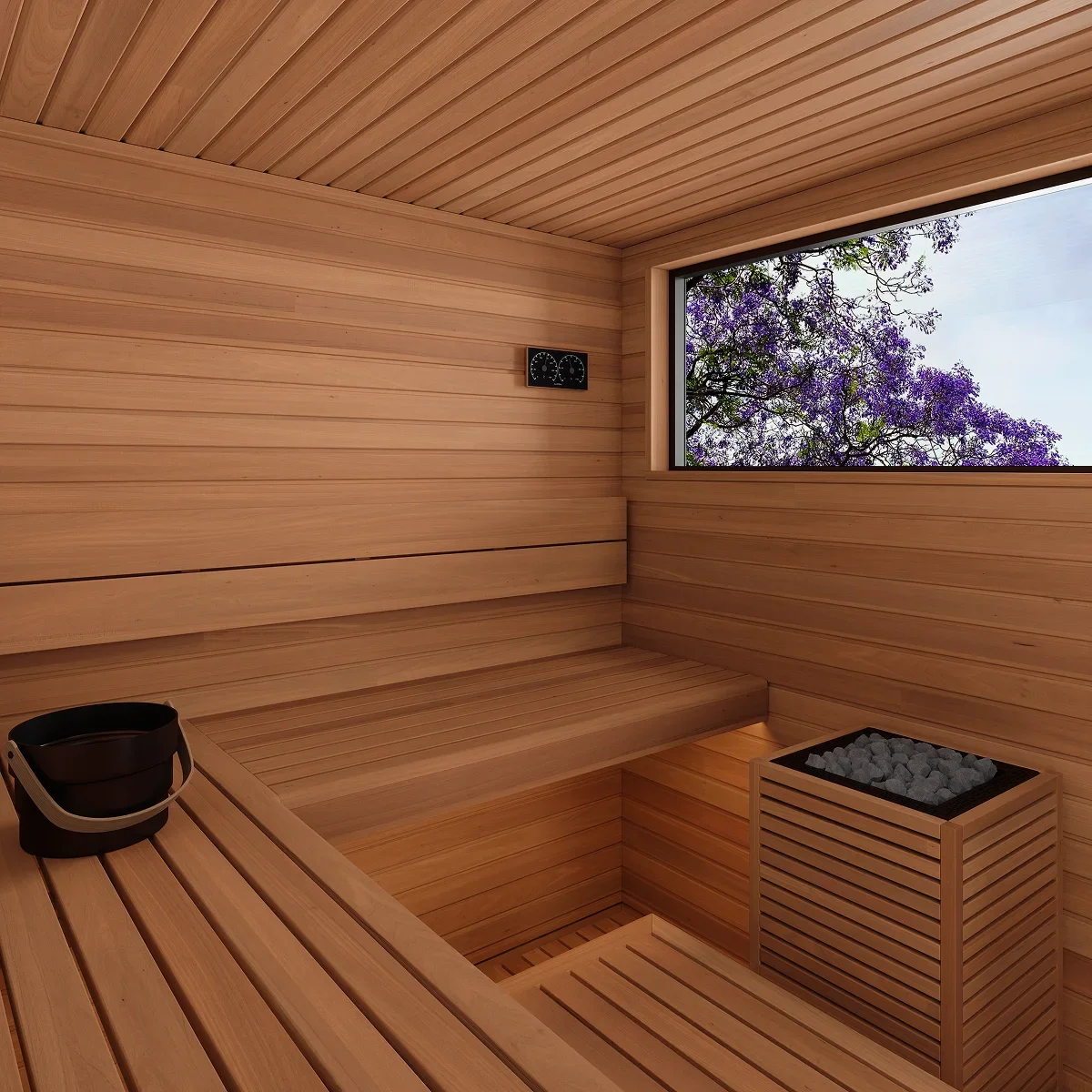 Interior of a traditional wooden sauna with bench seating, a window showing purple flowering trees outside, and a heater filled with rocks.