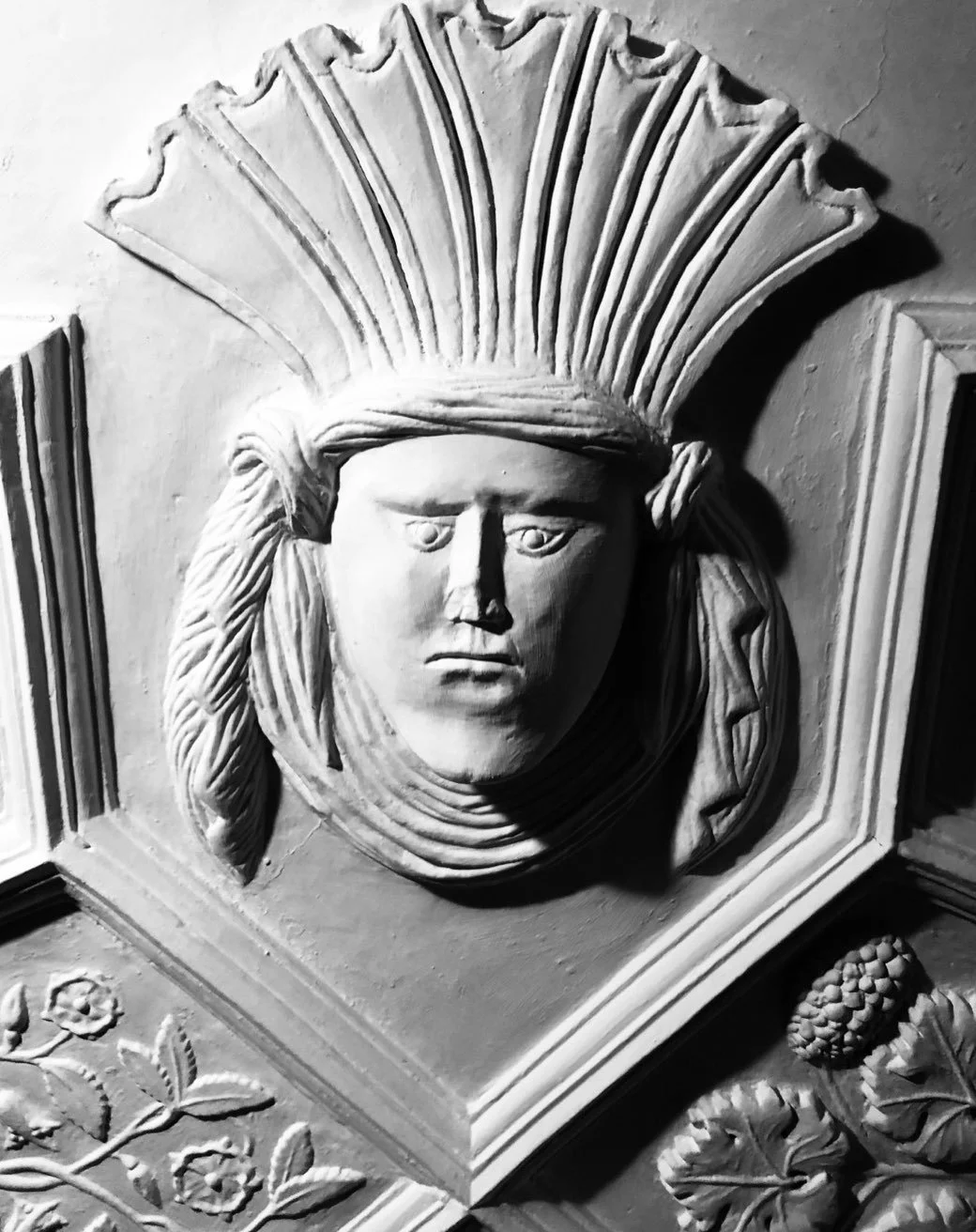 Good morning: an amazingly serious face in the plasterwork of the banqueting house at Sheffield Manor Lodge seen recently: warmest wishes.