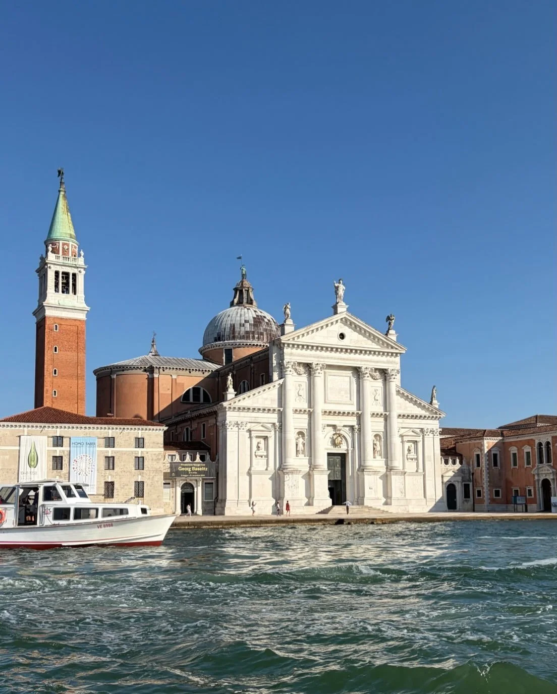 Good afternoon: on the way back from lunch on the way to tea back on the mainland, nodding to San Giorgio Maggiore from the boat: warmest wishes.