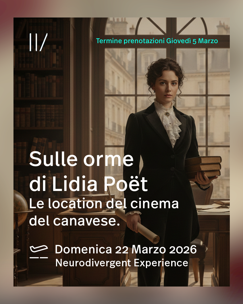 Pubblicità di un evento cinematografico, con una donna in abiti storici in un ambiente di biblioteca con grandi finestre. Testo in italiano su data, nome dell'autrice, e dettagli dell'evento.