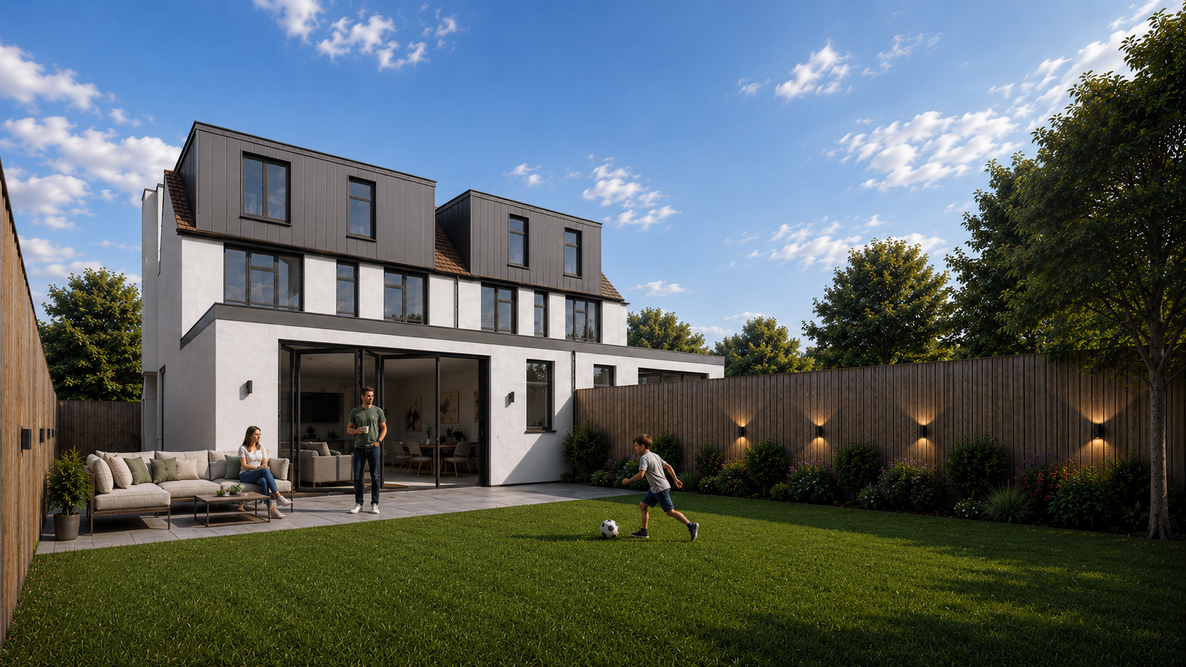 Modern three-story home with a fenced backyard, patio seating, adults, and a child playing soccer on the lawn