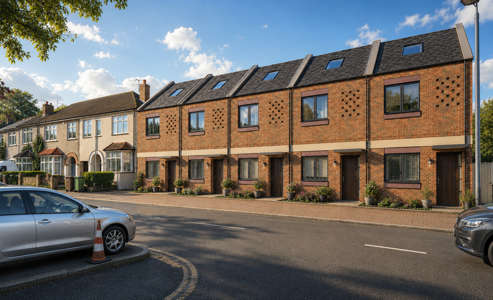 Row of modern brick townhouses beside older residential homes on a sunny suburban street