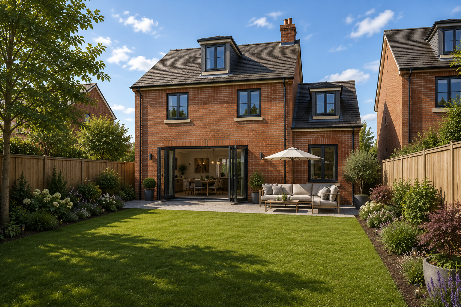 Brick suburban home with open patio doors, landscaped backyard, lawn, outdoor sofa, and umbrella