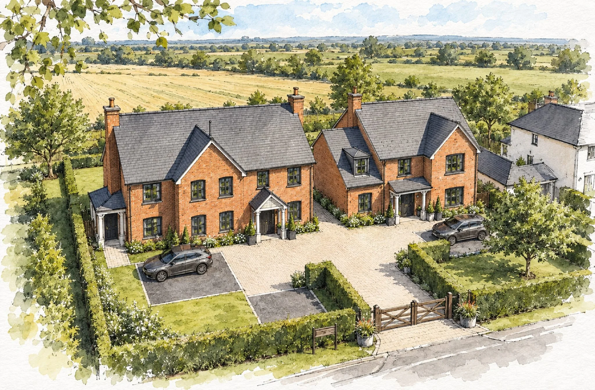 Watercolor illustration of brick country homes with landscaped gardens, driveways, parked cars, and expansive farmland beyond