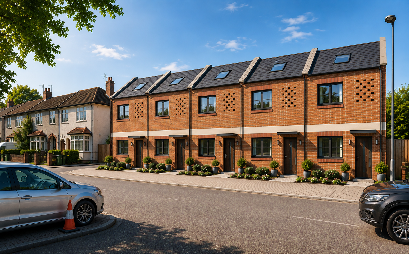 Row of modern brick townhouses beside traditional homes on a residential street