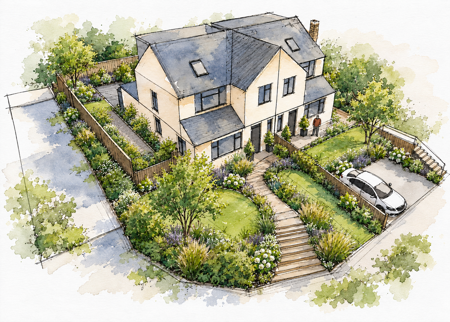 Watercolor architectural illustration of a modern two-story house with landscaped gardens, pathways, fencing, and a parked car