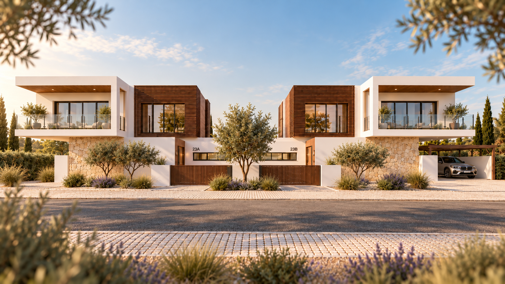 Modern twin luxury homes with wood slat facades, stone walls, landscaped gardens, balconies, and a parked car
