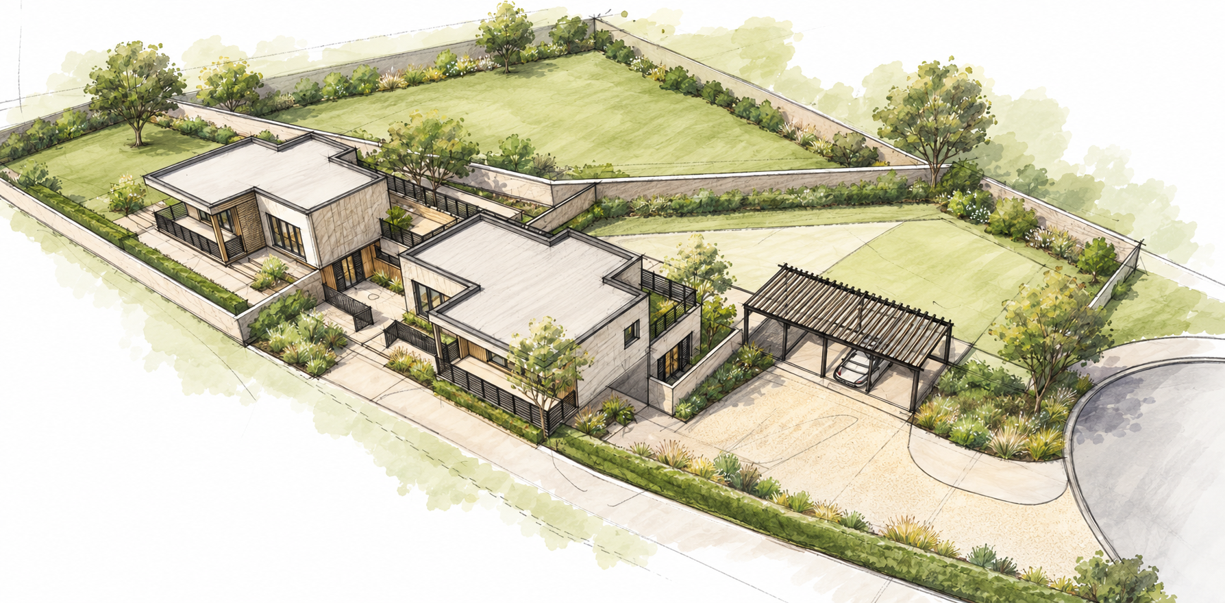 Architectural rendering of two modern homes with flat roofs, landscaped yards, stone walls, and a covered carport